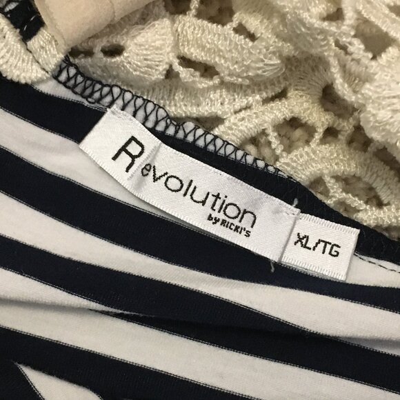 Whimsigoth Black & White Stripe and Crochet Lace Shoulder Tie Back Top - Picture 7 of 13